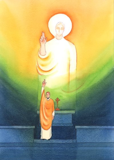 Kristus mluví a jedná prostřednictvím svých kněží, kteří žehnají a odpouštějí „in persona Christi capitis“, „v osobě Krista Hlavy“, 2002 (bez papíru) od Elizabeth Wang