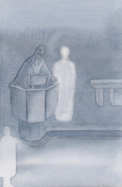 Kristus stál vedle kněze, který nám všem četl svaté evangelium, což bylo Kristovo vlastní slovo., 2000 (w/c na papíře) od Elizabeth Wang