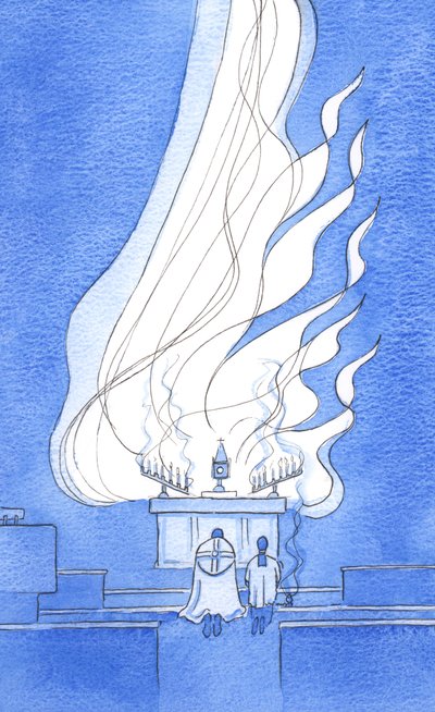 Kristova skutečná přítomnost na oltáři je tak slavná, je to, jako by oheň chvály a slávy stoupal vzhůru k Otci, 2002 (bez papíru) od Elizabeth Wang