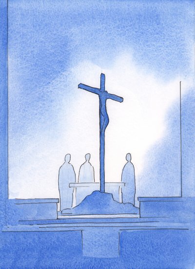 Bůh mi ukázal, že naši tři kněží, kteří přinesli svatou oběť, stáli kolem kříže, na kterém zemřel Kristus, 2002 (bez papíru) od Elizabeth Wang