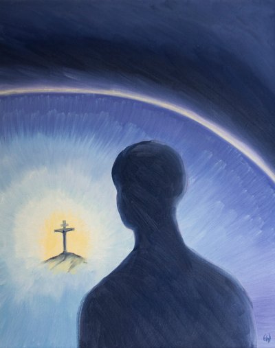 Bůh Otec shlíží s láskou a obdivem, když Kristus ochotně trpěl, aby naplnil svůj plán na záchranu hříšníků, 2003 (olej na palubě) od Elizabeth Wang