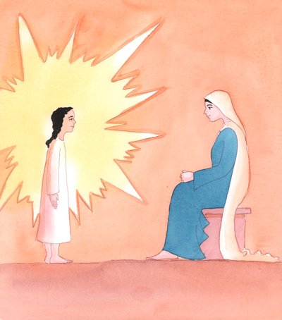 Chceme-li se Kristu přiblížit při adoraci a projevit mu lásku, kterou mu na zemi prokazovala jeho Matka Maria, stačí, když mu ukážeme svou radost z jeho skutečné přítomnosti, 2005 (akvarel na papíře). od Elizabeth Wang
