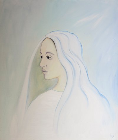 V nebi Panna Maria sdílí starost svého syna o vše, co se děje na zemi, 2000 (olej na palubě) od Elizabeth Wang