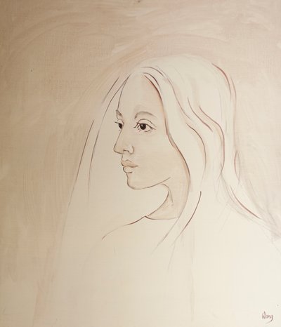 V nebi Panna Maria sdílí starost svého syna o vše, co se děje na zemi, 2000 (olej na palubě) od Elizabeth Wang