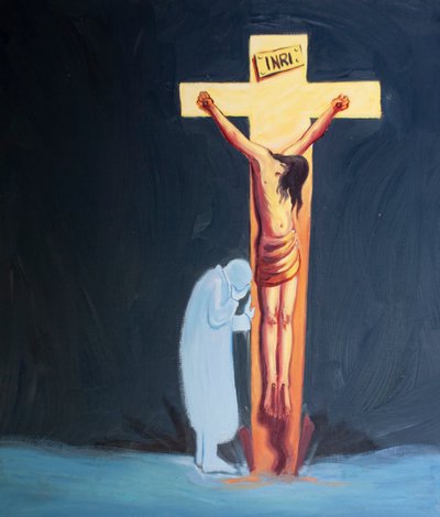 Pokorou se můžeme naučit skrývat se svými ranami vedle Ježíše ukřižovaného, 2000 (olej na palubě) od Elizabeth Wang