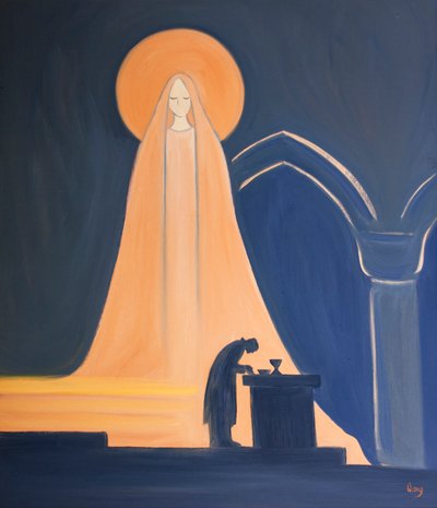 Ježíš je skutečně Mariin Syn; vše, co má ve svém posvátném lidství, pochází od Jeho Svaté Matky, 2000 (olej na palubě) od Elizabeth Wang