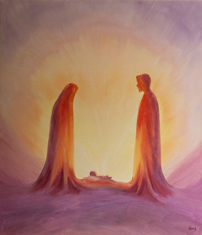 Marie a Josef s vírou hledí na dítě Ježíše při jeho narození, 2001 (olej na palubě) od Elizabeth Wang