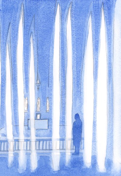 Ten, kdo se jde modlit před Kristem v Nejsvětější svátosti, se řadí mezi anděly, kteří stojí v tiché adoraci, 2001 (bez papíru) od Elizabeth Wang