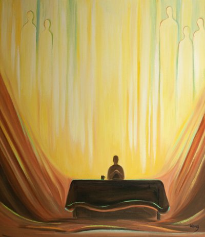 Díkůvzdání za jídlo, ve jménu Krista, je božské díkůvzdání, vyrobené ve svaté společnosti, 2001 (olej na palubě) od Elizabeth Wang