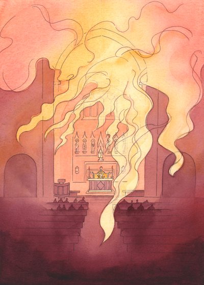 Všesvatý a majestátní Bůh je s námi přítomen v naší svatyni jako plápolající oheň, který se rozprostírá po celé budově, 2003 (bez papíru na papíře) od Elizabeth Wang