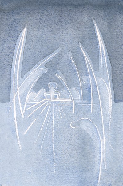 Andělé se sklánějí před Kristovou obětí, seskupení kolem Něho. Jiní se klaní v hluboké úctě, všude kolem kostela., 2001 (bez papíru na papíře) od Elizabeth Wang