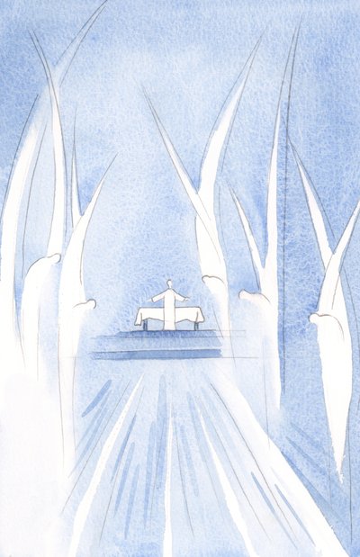 Andělé se sklánějí před Kristovou obětí, seskupení kolem Něho. Jiní se klaní v hluboké úctě, všude kolem kostela., 2001 (bez papíru na papíře) od Elizabeth Wang