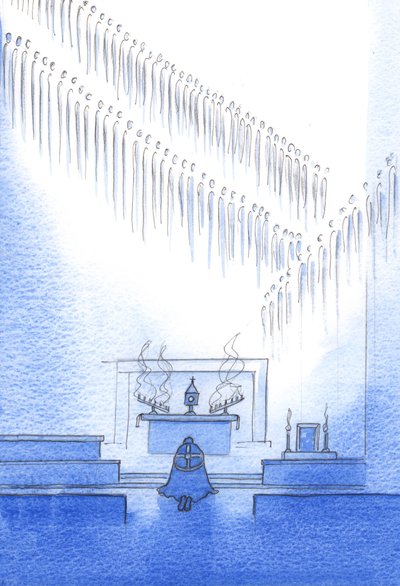 Nebeští přátelé, jejichž životy uznáváme ve vyznání víry, jsou shromážděni kolem nás. Jsme jedna rodina, 2002 (bez papíru na papíře) od Elizabeth Wang