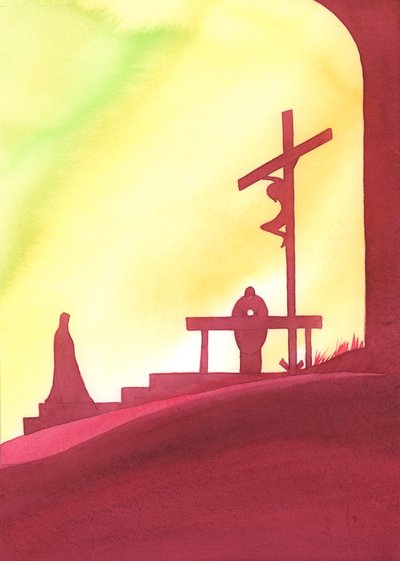 Mše je jako okno do času, skrze které jsme přítomni spásné Kristově oběti, jak se Marie dívá, 2000 (bez papíru na papíře) od Elizabeth Wang