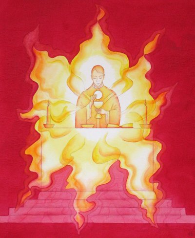 Ježíšova přítomnost v eucharistii je jako planoucí oheň slávy, 2001 (bez papíru) od Elizabeth Wang
