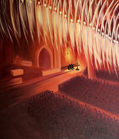 Andělé a archandělé čekají, až se připojíme k jejich chvále Boha během mše, 2000 (olej na palubě) od Elizabeth Wang