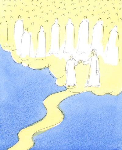 Požehnaná duše, která v lásce ke Kristu a bližnímu vytrvá až do konce, je vedena Kristem za ruku, aby se setkala s Nebeskými přáteli, kteří se shromáždili, aby ji přivítali ve své společnosti, 2004 od Elizabeth Wang