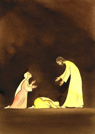 Dvě Marie se vzkříšeným Kristem, 2001 (w/c na papíře) od Elizabeth Wang