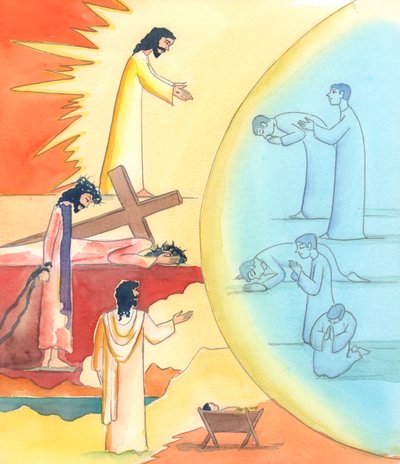 Prostřednictvím modlitby, zvláště v cyklu liturgické modlitby církve, můžeme vstoupit do tajemství Kristova pozemského života, 2005 (akvarel na papíře) od Elizabeth Wang