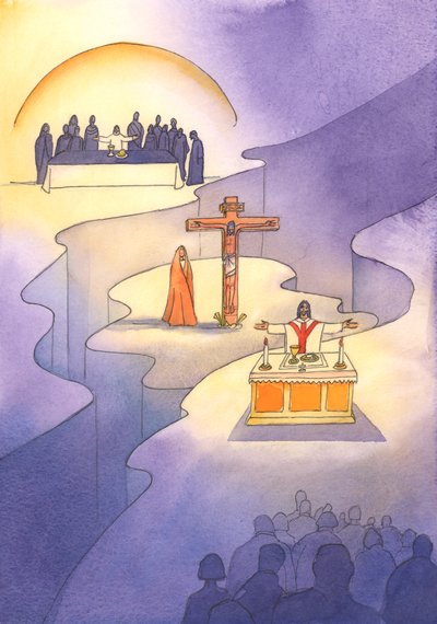 Skrze eucharistii, která byla ustanovena při Poslední večeři, je oběť Kalvárie znovu představena v každé generaci, 2001 (bez papíru) od Elizabeth Wang
