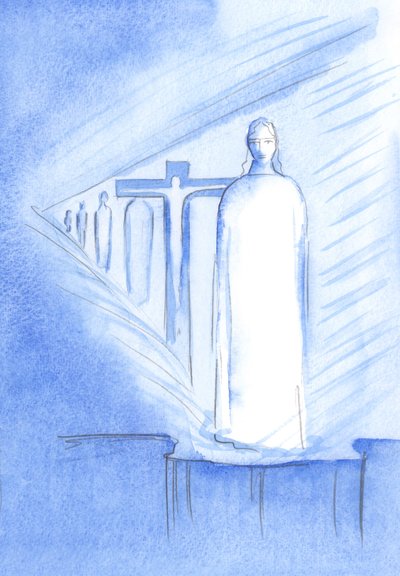 S Kristem se můžeme setkat v Nejsvětější svátosti na oltáři; v Jeho osobě a Jeho přítomnosti se můžeme dotknout každé etapy Kristova života, 2001 (bez papíru) od Elizabeth Wang