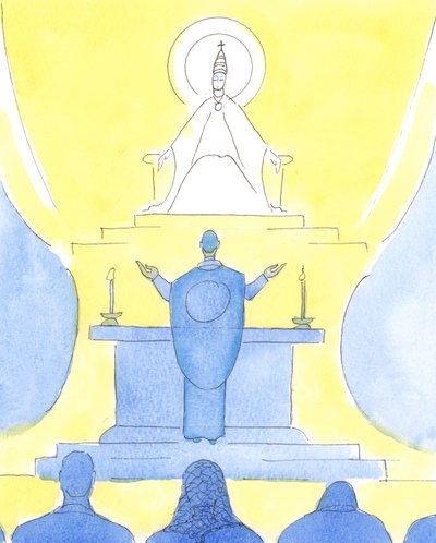 Když se kněz a lidé při mši svaté tváří stejným směrem, všichni se společně dívají na Otce, aby Ho chválili skrze Krista., 2004 (bez papíru) od Elizabeth Wang