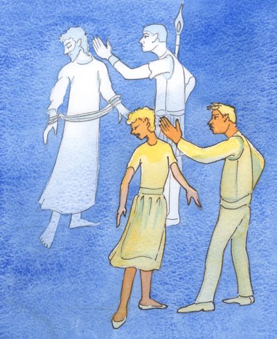 Kdo proklíná, bije, opouští nebo "ničí" manžela či manželku, proklíná Krista v jeho utrpení, 2003 (akvarel na papíře) od Elizabeth Wang
