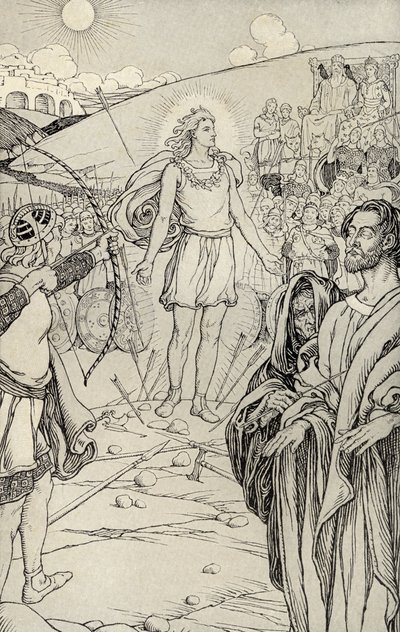 Každý šíp přestřelil hlavu, ilustrace z „Mýtů z mnoha zemí“, vydané v roce 1912 od Elmer Boyd Smith
