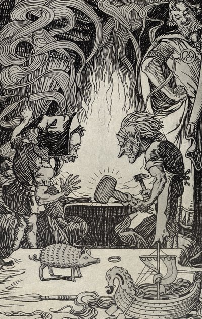 The Third Gift an Enormous Hammer, ilustrace z Mýtů z mnoha zemí, vydáno 1912 od Elmer Boyd Smith