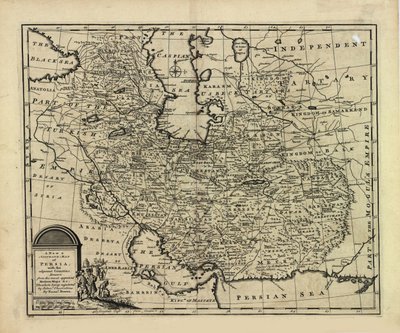 Nová a přesná mapa Persie se Safavidskou a Mughalskou říší od Emanuel Bowen