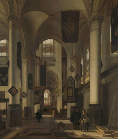 Interiér protestantského gotického kostela s motivy z Oude a Nieuwe Kerk v Amsterdamu od Emanuel de Witte
