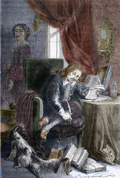 Portrét francouzského spisovatele Paula Scarrona (1610-1660), autora burleskních komedií, je zastoupen na invalidním křesle, ve stínu za ním stojí jeho manželka Francoise d