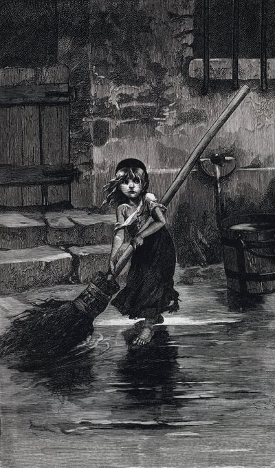 Scéna z Les Miserables, od Victora Huga: Cosette zametání (rytina) od Emile Antoine (after) Bayard