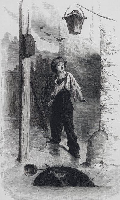 Scéna z Les Miserables, od Victora Huga: Gavroche (rytina) od Emile Antoine (after) Bayard