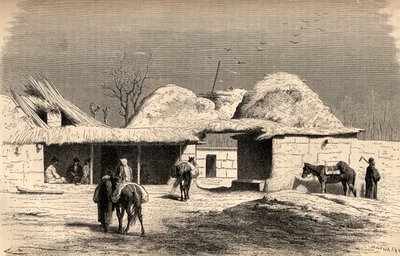 Karavanserai v Taškentu, Uzbekistán, ilustrace ze „Světa v rukou“, vyrytý Charlesem Laplantem († 1903), vydáno 1878 (rytina) od Emile Antoine Bayard