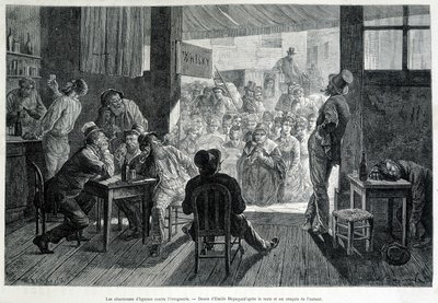 Skupina žen před barem, ženám zapovězená, zpívající opilcům chvalozpěvy proti alkoholismu od Emile Antoine Bayard