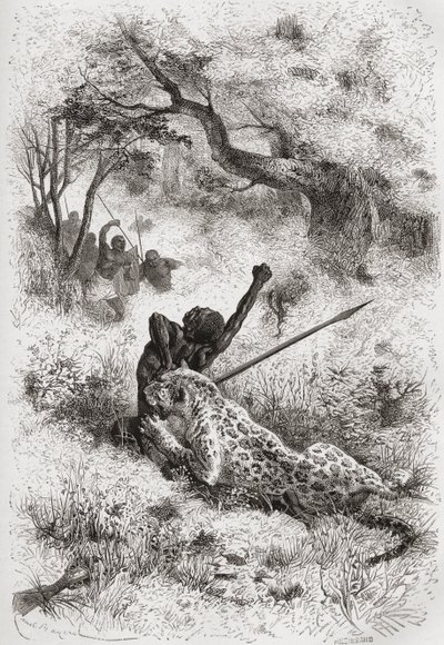 Leopard útočící na Afričana, ilustrace z knihy "Svět v rukou", vyryl Henri Theophile Hildibrand (1824-97), vydáno 1878. od Emile Antoine Bayard