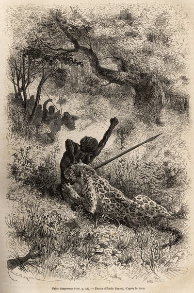 Leopard skočí na muže a krutě ho kousne do zad, v blízkosti Bambare (Kongo), rytina podle kresby Emila Bayarda, ilustrující poslední deník Davida Livingstonea (1813-1873), v letech 1866-1873, publikovaný v „ “Le tour du monde”” 1875, edite od Emile Antoine Bayard