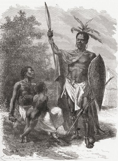 Rodák z Ougogo ve střední Africe ve válečných šatech, ilustrace z „The World in the Hands“, vydáno 1878 od Emile Antoine Bayard