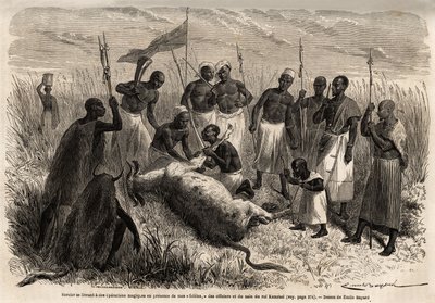Čaroděj se zabývá magickými operacemi na zabitém hovězím mase v Ugandě, kresba Emila Bayarda (1837-1891), ilustrující objevnou cestu kapitána Spekeho v Africe v letech 1860 až 1863. Rytina v „“Le tour du monde“, editoval Edouard Charton od Emile Antoine Bayard