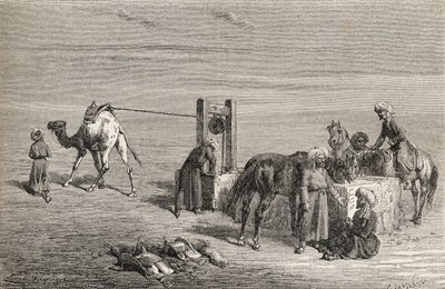 Studna v poušti mezi Samarkandem a Karshi, Uzbekistán, ilustrace z 