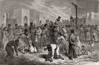 Kamenování a věšení cizoložníků v Turecku, ilustrace ze „Světa v rukou“, vyrytý Huyot, vydáno 1878 od Emile Antoine Bayard