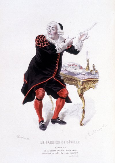 Bartholo v Lazeře sevillském v Ovre complet de Beaumarchais (1732-1799) Edouard Fournier, Ed. Laplace, Sanchez et Cie, Paříž 1876 (rytina) Zde Bartholo v Lazebník sevillský od Emile Antoine Bayard