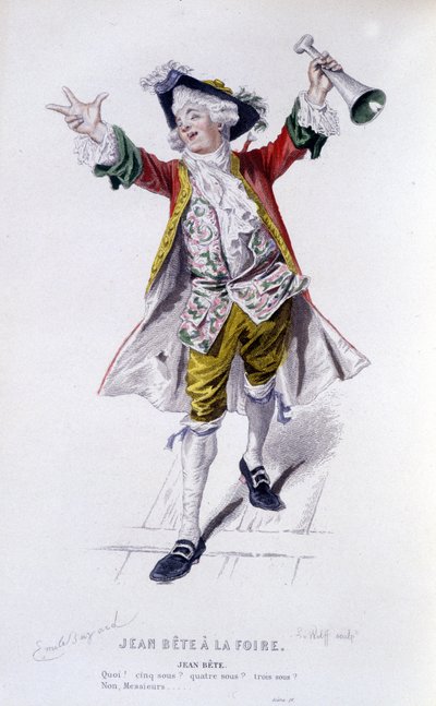 , Kompletní dílo Beaumarchaise (1732-1799) od Edouarda Fourniera. kresba Emile Bayard. Ed. Laplace, Sanchez et Cie, Paříž 1876. Toto je Jean Beast v „“ Jean Beast na veletrhu““ od Emile Antoine Bayard