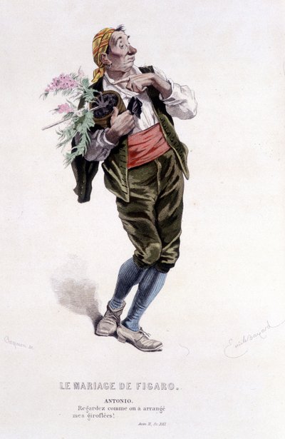Kompletní dílo Beaumarchaise (1732-1799) od Edouarda Fourniera. kresba Emile Bayard. Ed. Laplace, Sanchez et Cie, Paříž 1876. Toto je Antonio ve „Figarově svatbě““ od Emile Antoine Bayard
