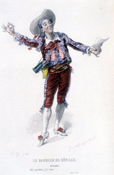 Kompletní dílo Beaumarchaise (1732-1799) od Edouarda Fourniera. kresba Emile Bayard. Ed. Laplace, Sanchez et Cie, Paříž 1876. Toto je Figaro ve filmu Lazebník sevillský od Emile Antoine Bayard