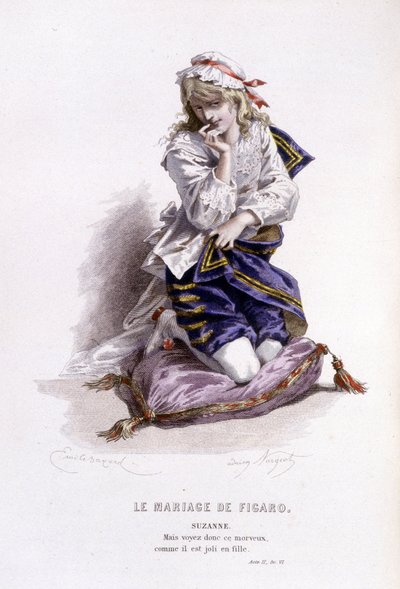 Kompletní dílo Beaumarchaise (1732-1799), Edouard Fournier, kresba Emile Bayard. Ed. Laplace, Sanchez et Cie, Paris 1876. Toto je Suzanne ve "Figarově svatbě". od Emile Antoine Bayard