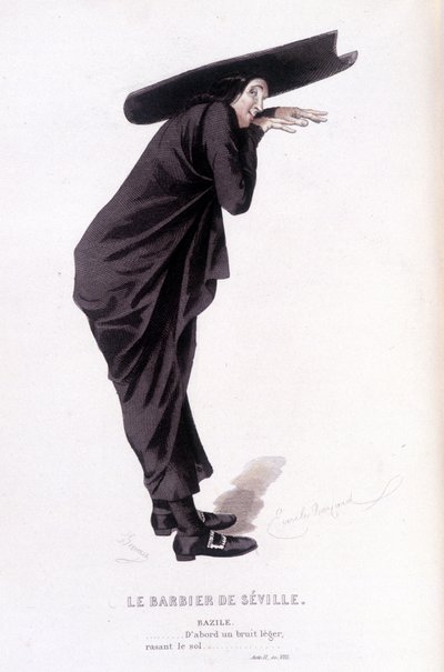 Kompletní dílo Beaumarchaise (1732-1799) od Edouarda Fourniera. kresba Emile Bayard. Ed. Laplace, Sanchez et Cie, Paříž 1876. Toto je Bazile ve filmu „Lazebník sevillský“ od Emile Antoine Bayard