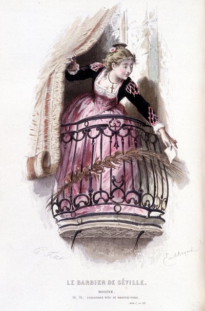 Kompletní dílo Beaumarchaise (1732-1799) od Edouarda Fourniera. kresba Emile Bayard. Ed. Laplace, Sanchez et Cie, Paříž 1876. Toto je Rosine ve filmu Lazebník sevillský od Emile Antoine Bayard