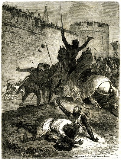 Křížová výprava proti Albigeois – obležení Toulouse, 25. června 1218. Bratr Simona de Montfort byl právě zraněn šípem, samotného Simona de Montforta zabije koule hodů katapultem, říká se, jedna z žen z Toulouse, kdo je od Emile Antoine Bayard